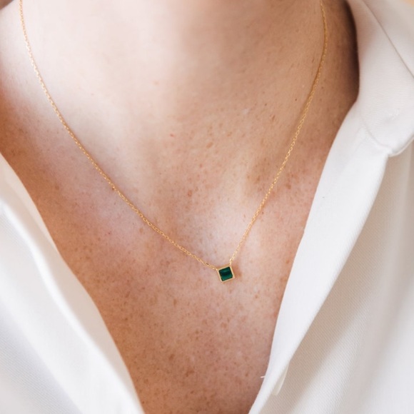 Malachite Square Pendant Necklace 18K Gold S925 - Picture 2 of 9